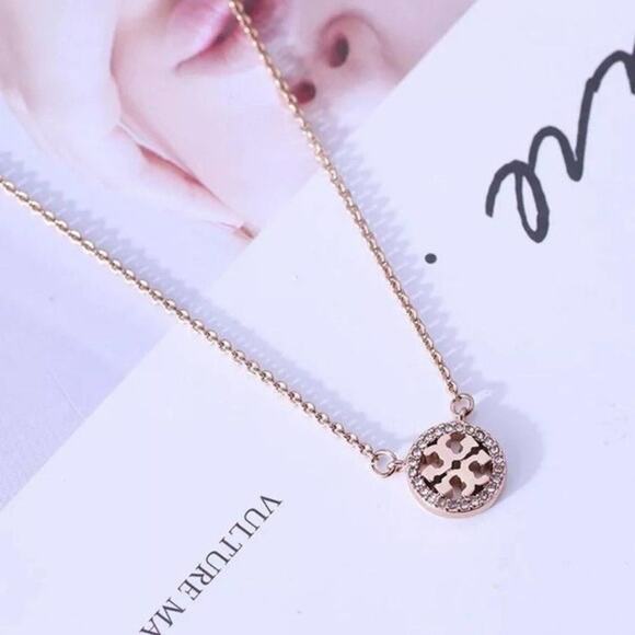 NewTory Burch Rose Gold Pave Logo Necklace - Picture 3 of 6